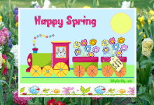 happy spring with flowers and bunnies 